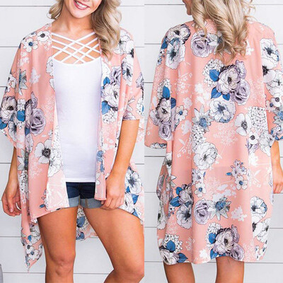 

Women Chiffon Kimono Floral Print Open Front Half Sleeve Irregular Low High Hemline Casual Bikini Cover Up