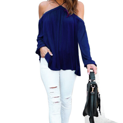 

Women Halter Solid Top Hanging Neck Strapless Shoulder Long Sleeve T-Shirt Female Leisure Casual Cotton Loose Sexy Tops