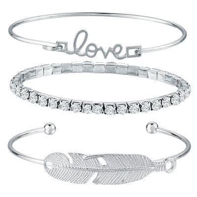 

Fashion Simple 3Pcs Bracelet Set Arrow Bowknot Letters Leaf Pineapple Feather Embedded Diamond Women Bracelets