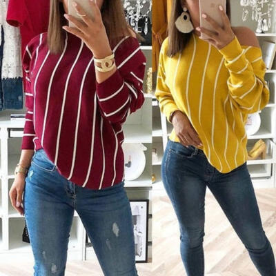 

Women Long Sleeve Sexy Off Shoulder Tops Ladies Casual Loose Striped T-Shirt Plain Blouse