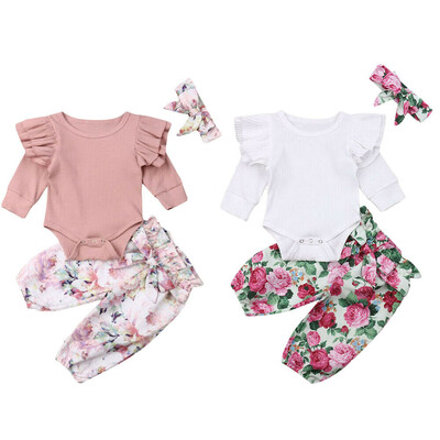

3PCS Newborn Toddler Kid Baby Girls Floral Romper Tops Pants Outfits Set Clothes
