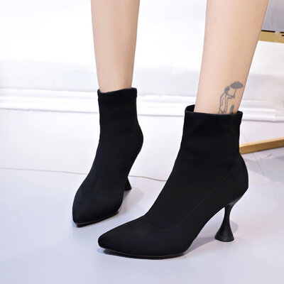 

Red socks boots womens high-heeled shoes pointed elastic boots in autumn&winter with thin knit thin boots short boots