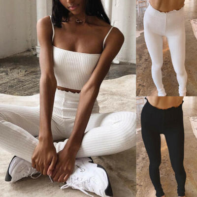 

Sexy Women Cotton Ruffle Solid Color Skinny Stretchy Pants Casual Yoga Leggings