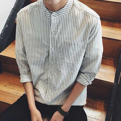 

Mens Vintage Striped Shirt Stand Collar Button Down Autumn Causal Tops Tee
