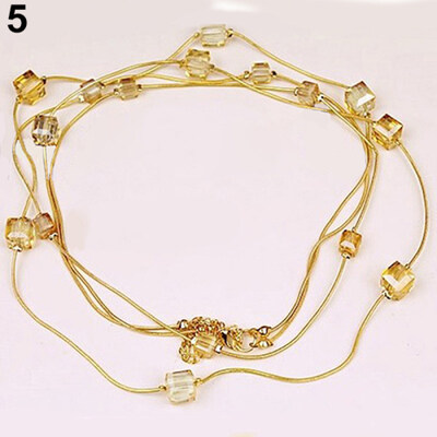

Women Square Rhinestones Beads 2 Layers Golden Alloy Chain Long Sweater Necklace