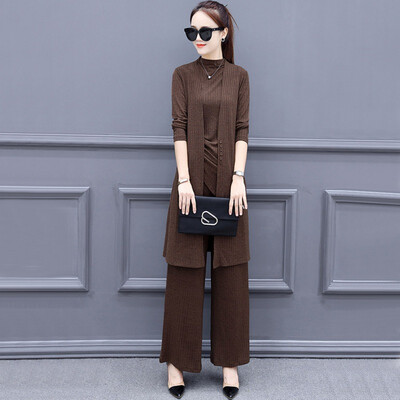 

Women Casual Slim Fashion Long-Sleeved Round Collar TopsSolid Color Single-Breasted Coat Wide-Leg Pants Three-Piece Suit