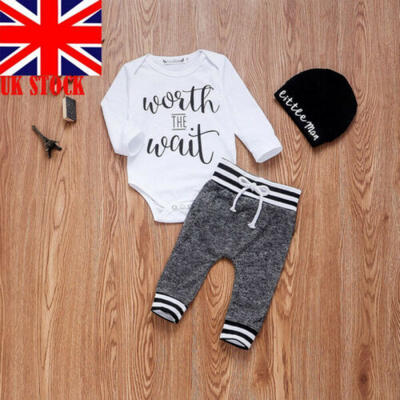 

3PCS Newborn Baby Kids Girl Boy Long Sleeve Romper TopsPantsHat Outfit Clothes