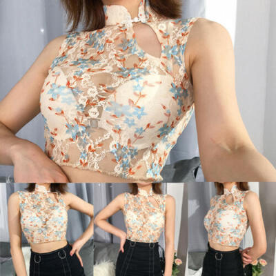 

Womens Girls Gauze Sheer Crop Tops Sleeveless Embroidery Flower Vest Blouse Tops