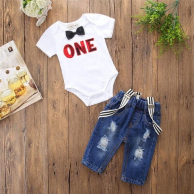 

2018 New Fashion Toddler Baby Boy Girl 2Pcs Set Letters Ties Romper Jumpsuit Braces Denim Pants