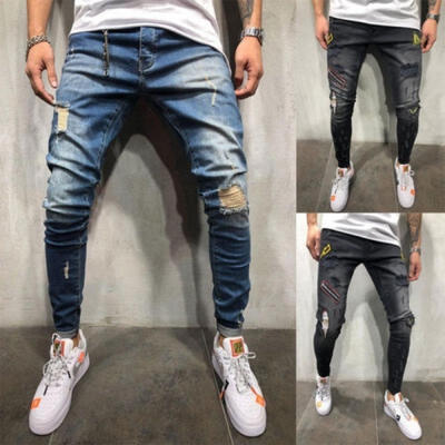 

2019 Simple Men&39s Stretchy Ripped Skinny Biker Jeans Destroyed Taped Slim Fit Leg Denim Pants