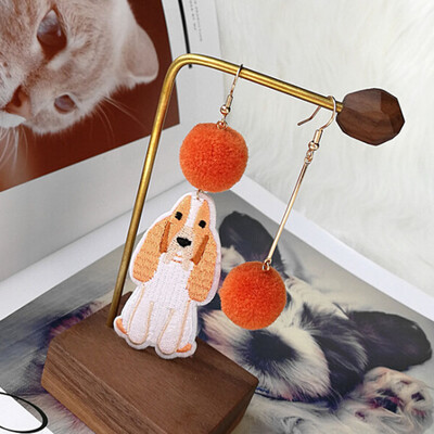 

New Fashion Style Cartoon Embroidery Animal Dog Cloth Ball Top Drop Earrings Fashion Accessories Wholesale