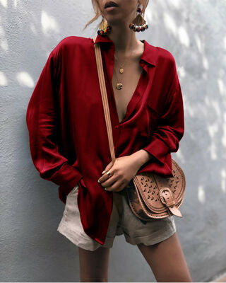 

Women Sexy Deep V-neck Satin Blouse Tops Casual Long Sleeve Office Ladies Shirt