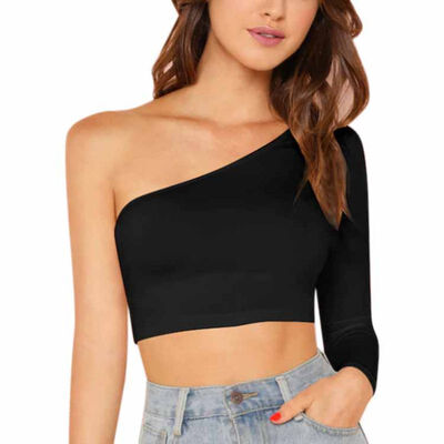 

Women Off-The-Shoulder Backless Shoulder Single Exposed Navel Long Sleeve Blouse Sexy Strapless T Shirt