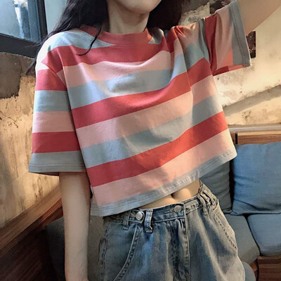 

Summer Womens Elegant Style Design Casual O Neck Striped Short Sleeve Loose Pullover Crop Top T-Shirt