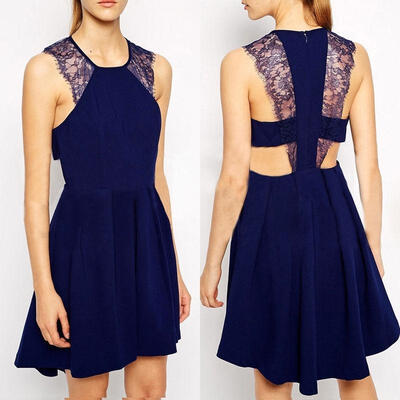 

Fashion Sexy Women´s Summer Lace Sleeveless Evening Party Beach Dress Short Mini Dress Navy Blue Black