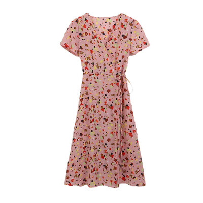 

Womens Deep V Neck Short Sleeves Floral Print Slim Waist Boho Beach Sexy Dresses