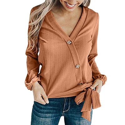

Nomeni Women V Neck Tie Front Knot Button Long Sleeve Blouse Casual Tops Shirt BKL