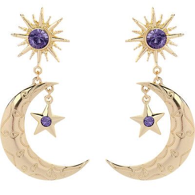

Big Gold Star Moon Women Elegant Fashion Earrings Drop Dangle Blue Crystal