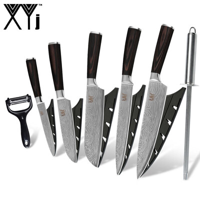 

XYj Kitchen Cooking Knife Set Damascus Pattern Blade Color Wood Handle Knife with Knife Sharpener Rod Black Peeler