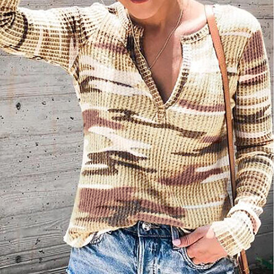 

Tailored Women Fashion V Collar Long-sleeved Camouflage Print Tops Blouse