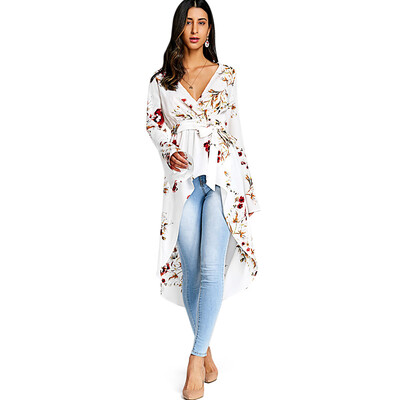

Plunge Neck Bell Sleeve Floral Print Belted Asymmetric High-low Women Long Shirt