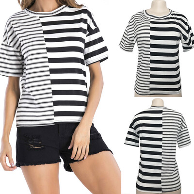 

Nomeni Womens Short Sleeve Lace Loose Stripe T-Shirt Tops Blouse