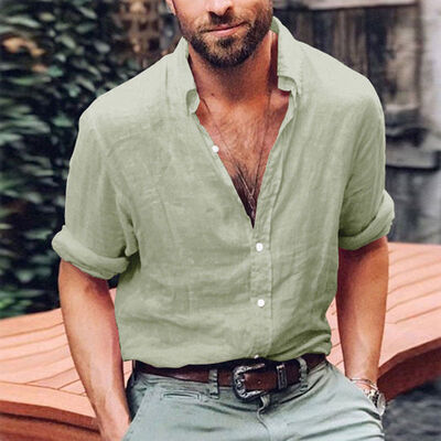 

Mens Linen Long Sleeve Shirt Summer Cool Loose Casual V-Neck Shirts Tops -3XL