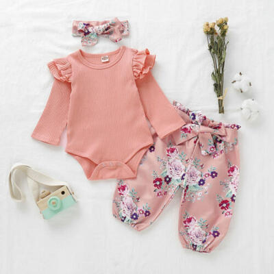 

US 3PCS Infant Baby Girl Clothes Long Sleeve Romper Flower Pants Headband Outfit