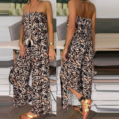 

Starmoon Womens Casual Loose Sleeveless Leopard Print Collar Tube Top Sexy Jumpsuit