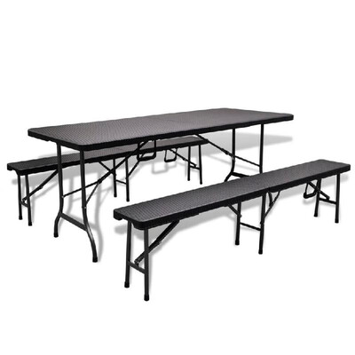 

Outdoor Table with 2 Benches HDPE Black Rattan Look