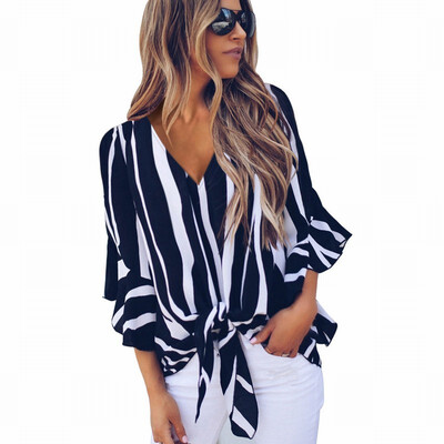 

Contrast vertical striped shirt Womens V-neck long-sleeved knotted top