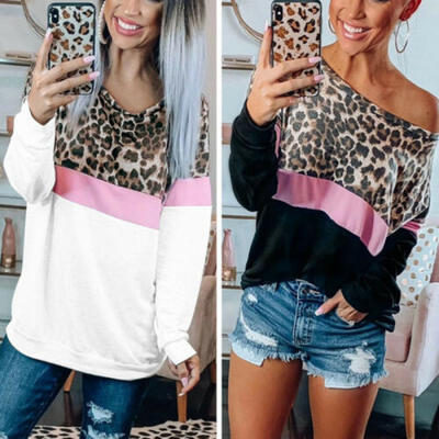 

Womens Leopard Long Sleeve Crew Neck T-shirt Casual Blouse Loose Tops Sweatshirt
