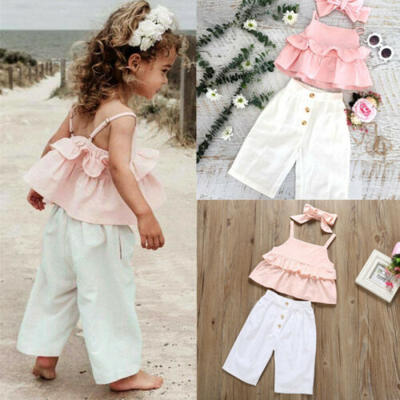 

Cute Pink Sling Tops Ruffle Pant Leggings Headband Toddler Kid Baby Girl Outfits