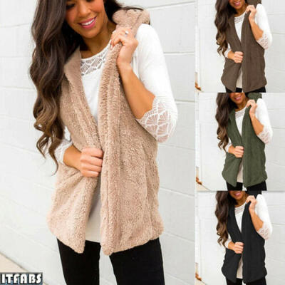 

Women Winter Sleeveless Fleece Fur Jacket Outerwear Tops Hooded Fluffy Coat Vest