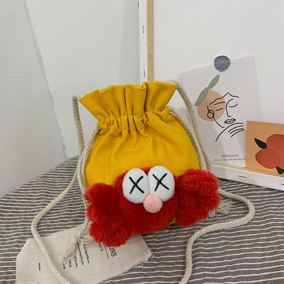 

2019 new cute cartoon wild shoulder Messenger bag female casual fashion ugly sesame street canvas bucket bag
