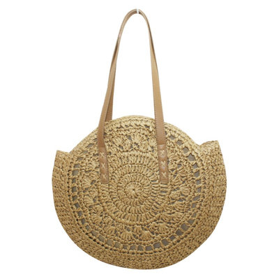 

Bohemian Summer Beach Women Round Woven Straw Handbag Zipper Shoulder Bag Tote