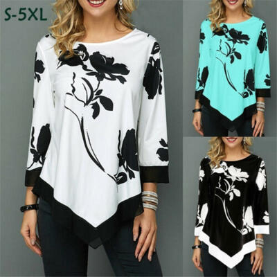 

Women Irregular Floral Print Blouse Tops Ladies 34 Sleeve Casual Loose T-Shirt