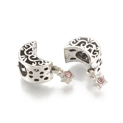 

Alloy European Beads Large Hole Beads with Rhinestone Moon&Star Antique Silver Light Rose 18mm Hole 45mm