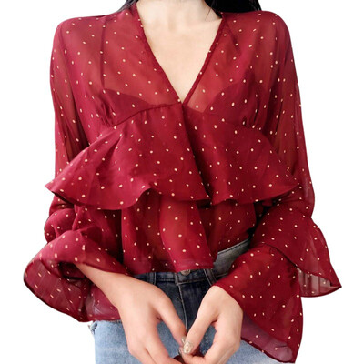 

Korean Summer Blouse Woman Spring V-Neck Ruffles Perspective blusas Dot Print Long Sleeve Womens Tops And Blouses Harajuku