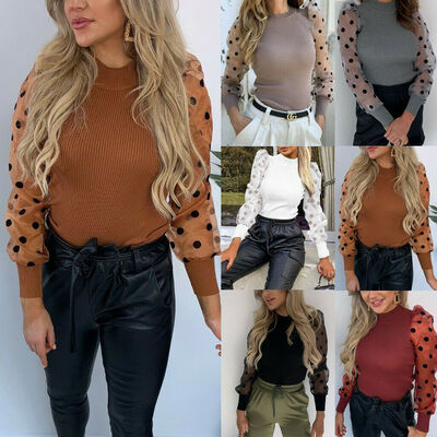 

Women Ladies Puff Sleeve Tops Pullover Sweater Blouse Loose Jumper Ribbed Shirt