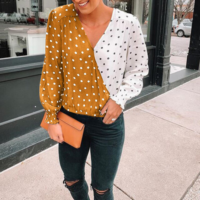 

Women Polka Dot Contrast Color Blouse Long Sleeve Top Casual Work V-neck T-Shirt