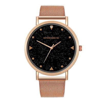 

ECONOMICXI Rhinestone Quartz Watches Women Men Mesh Strap Analog Wristwatch
