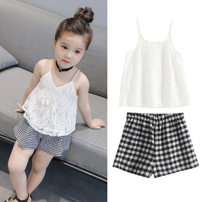 

Toddler Baby Kids Girl Sleeveless Solid Lace Ribbons Tops Plaid Short Outfit Set