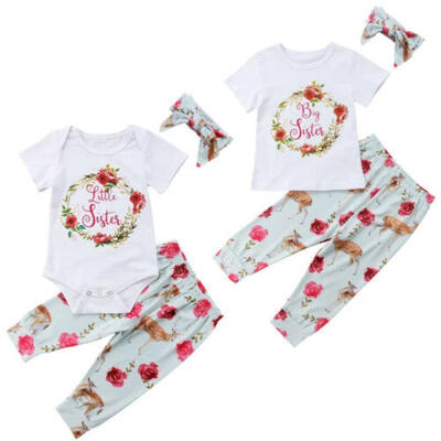 

UK Toddler Baby Girls LittleBig Sisters Romper T-shirt Floral Pants Outfits Set