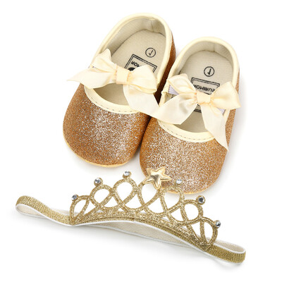 

Baby Girl Sequins Bowknot Shoes1PC Hairband Toddler First Walkers Kid Shoes