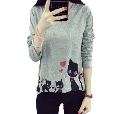 

Autumn Casual Women T Shirt Harajuku Kawaii Cute Style Cats Print T-shirt Women Round Neck Long Sleeve Basic Tops