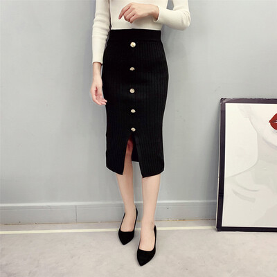 

Hot Sale Korean Style Solid Color Women Bodycon Skirt Fashion Sexy High Waist Slit Design Knit Skirt