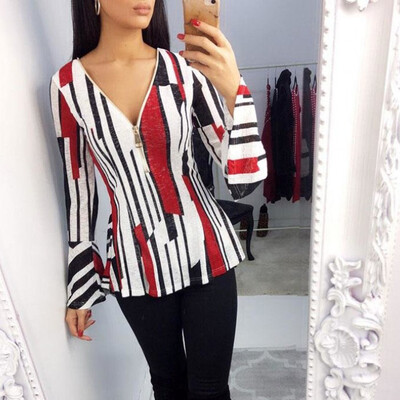 

Nomeni Women Casual Zipper Sexy V Neck Flare Bell Long Sleeve Stripe Shirt Blouse Top