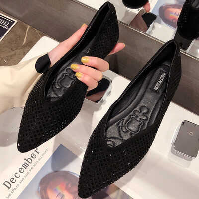 

Pointed flat sole single shoe female spring&summer retro shallow mouth drill single shoe soft sole flat sole casual shoe