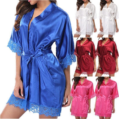 

Fashion Ladies Satin Lace Gown Robe Sleepwear Lingerie Dress New Women Sexy Nightdress Kimono Sleepwear